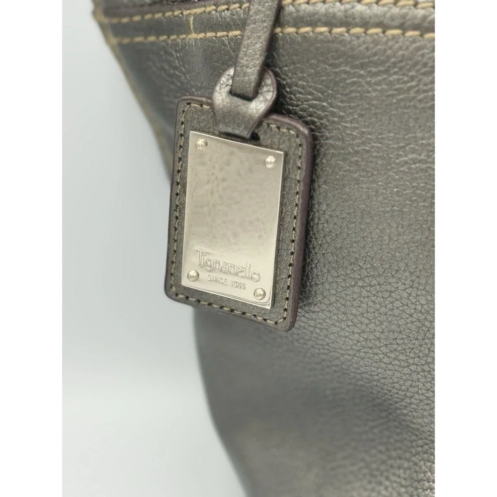 Tignanello Multi Pocket Shoulder Tote Bag Gray Genuine Leather Double Straps NWT